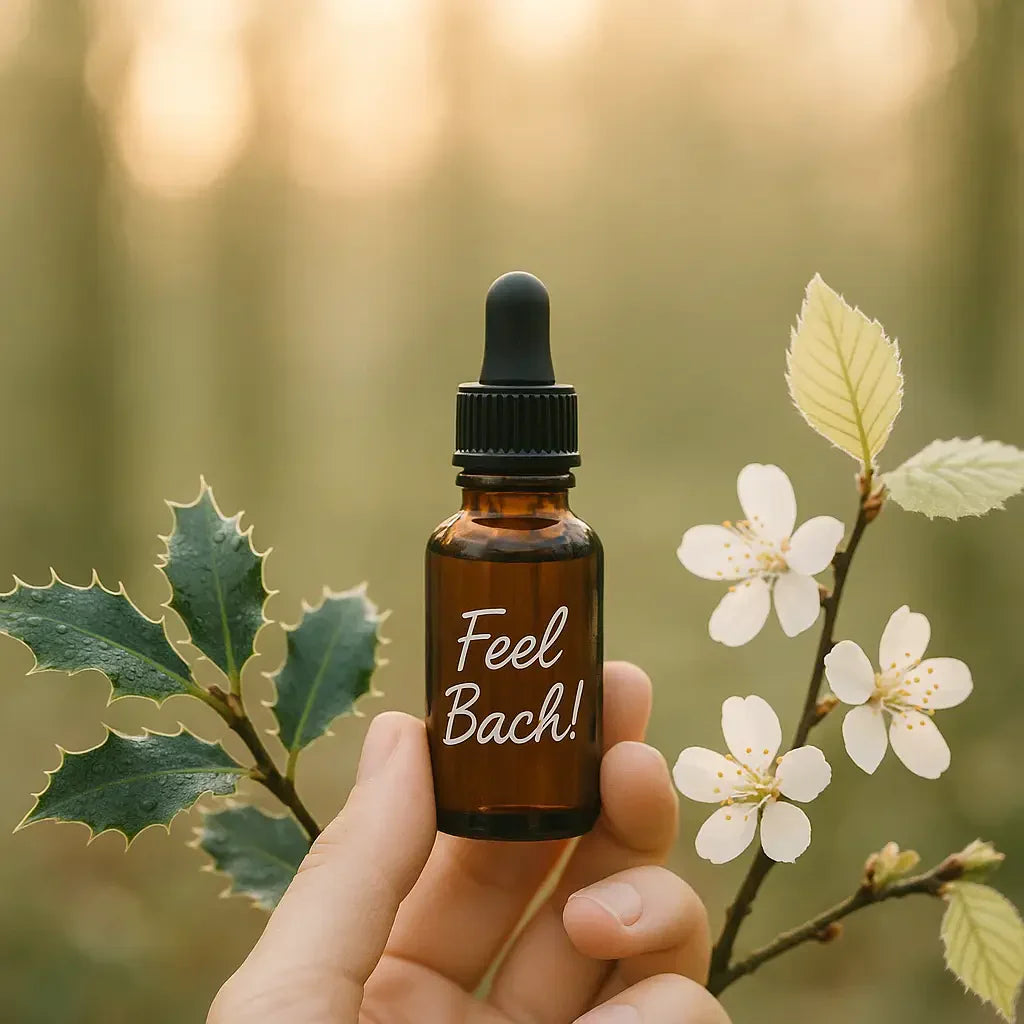 Hand holding Bach flower dropper bottle among holly, cherry plum, and beech leaves with soft morning woodland light