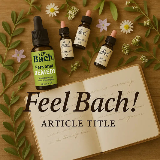 Serene overhead of Bach flower remedy bottles and wildflowers on a rustic wooden table with handwritten notebook