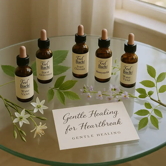 Serene glass table with Bach flower remedy bottles, fresh botanicals, and a Gentle Healing for Heartbreak notecard