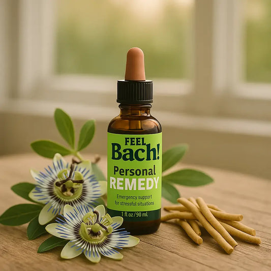 Bach flower remedy bottle with passionflowers, ashwagandha, and green leaves on a rustic table at golden hour