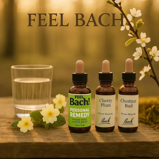 Rustic wooden table with Cherry Plum, Crab Apple, Chestnut Bud bottles in sunlit woodland at golden hour
