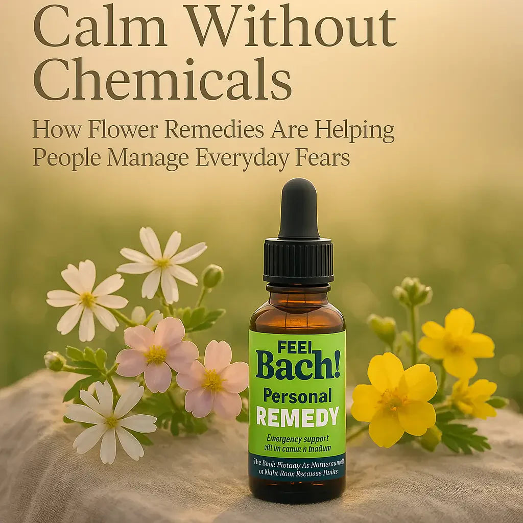 Feel Bach dropper bottle among dew-kissed wildflowers at sunrise, conveying calm and natural flower remedy benefits