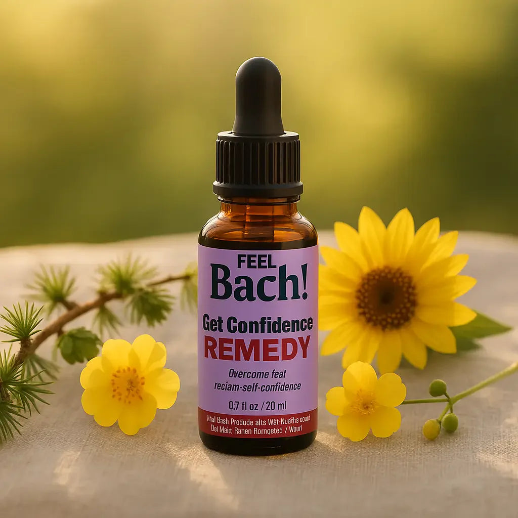 Feel Bach amber dropper bottle with fresh larch, mimulus, sunflower, and buttercup on linen in morning sunlight