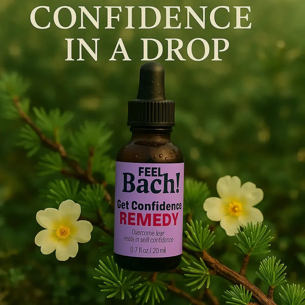 Dewy Feel Bach! dropper bottle with larch and mimulus flowers in lush morning light and leafy background