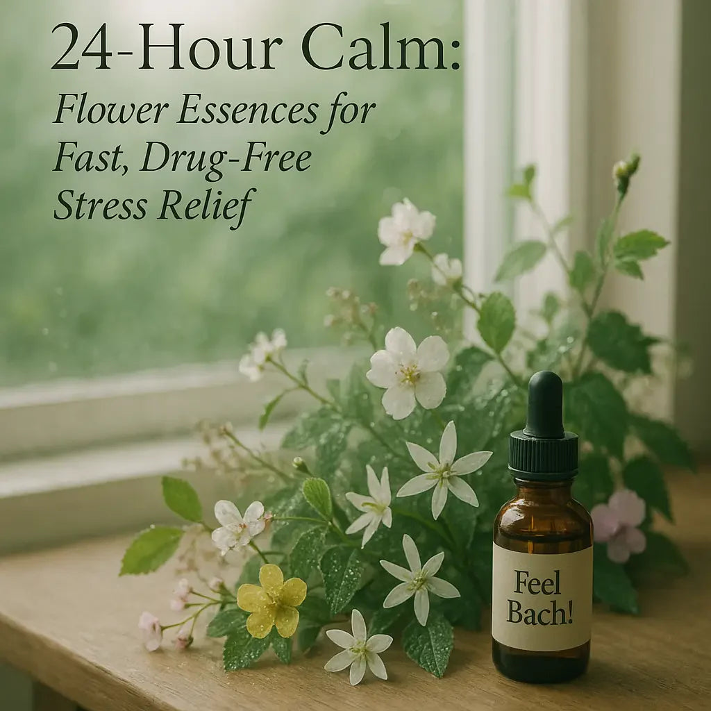 Serene morning scene with wildflowers, wooden table, and Feel Bach flower essence dropper bottle