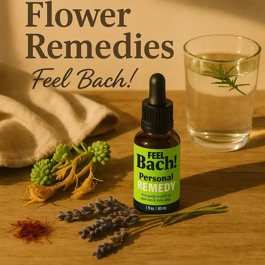 Flower remedy bottles with rhodiola, lavender, saffron, linen cloth, and infused water on rustic wood in morning light