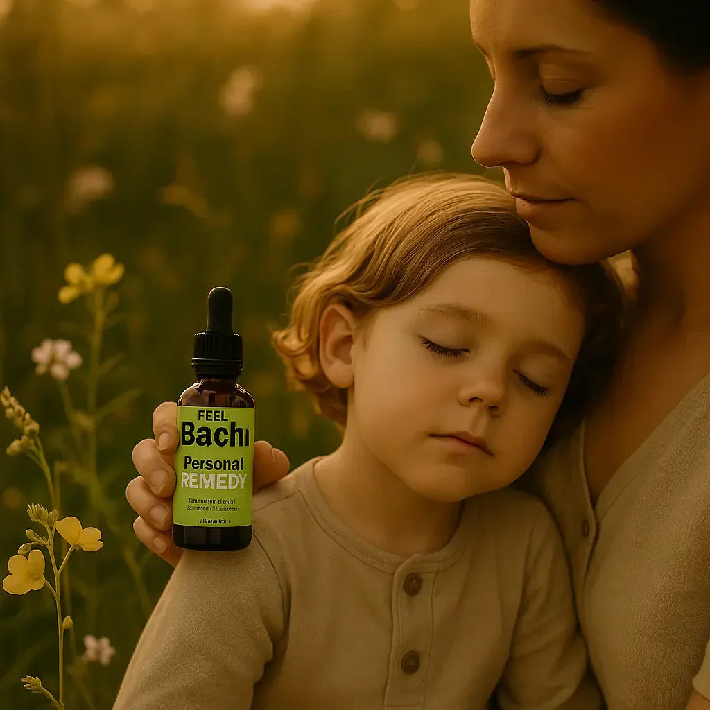 Serene parent holding Feel Bach dropper bottle beside relaxed child outdoors among wildflowers at golden hour