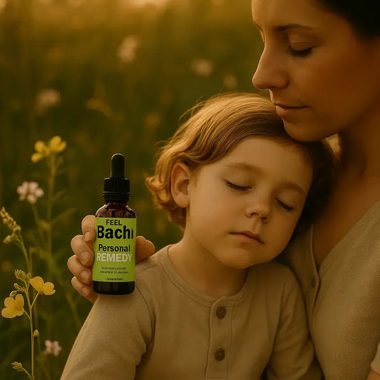 Serene parent holding Feel Bach dropper bottle beside relaxed child outdoors among wildflowers at golden hour