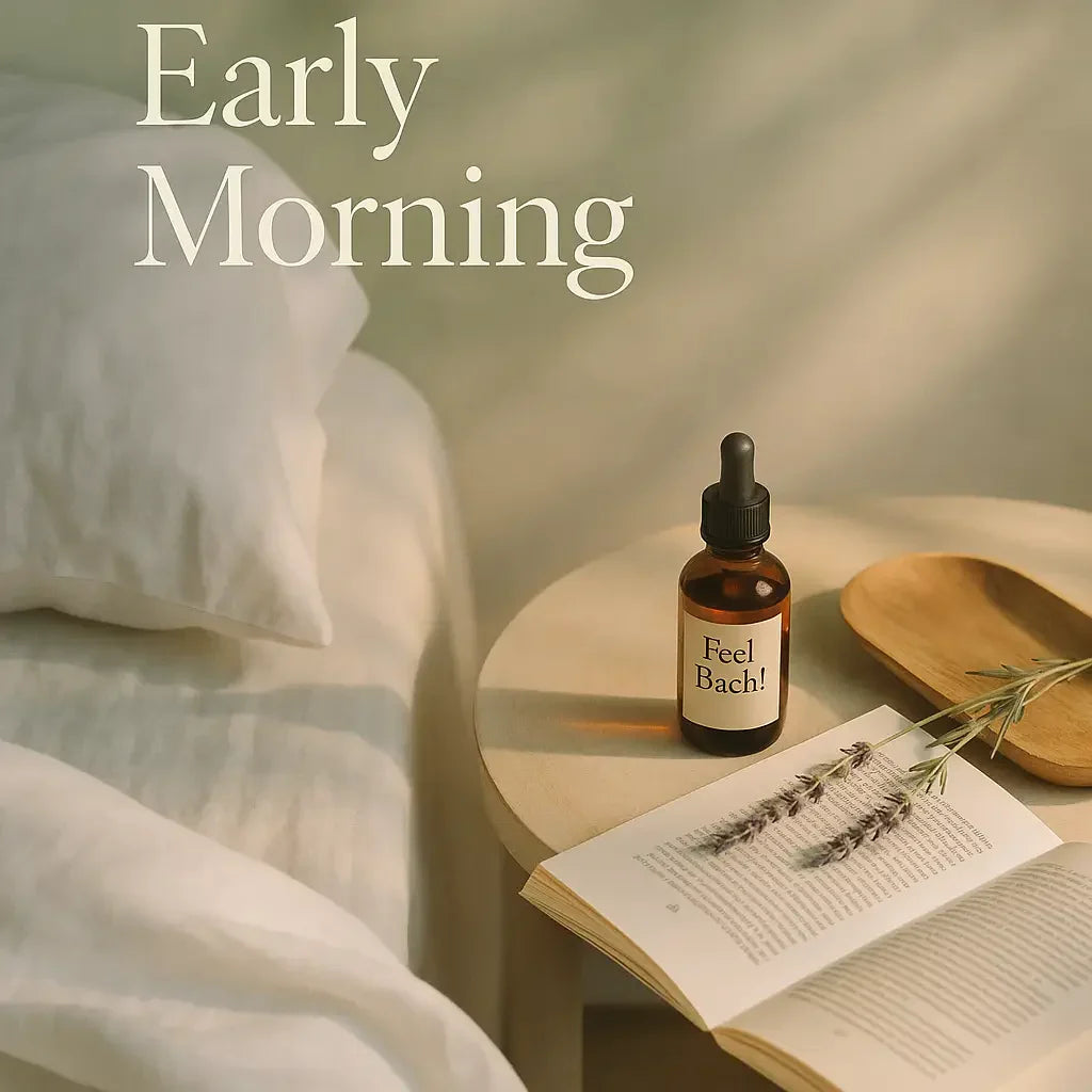 Early morning bedroom scene with Feel Bach bottle, lavender, book, and wooden tray on white linen