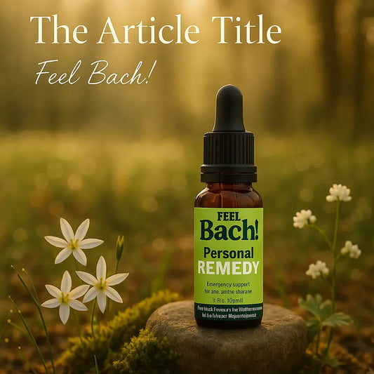 Feel Bach remedy bottle on stone in serene forest clearing with wildflowers at golden hour