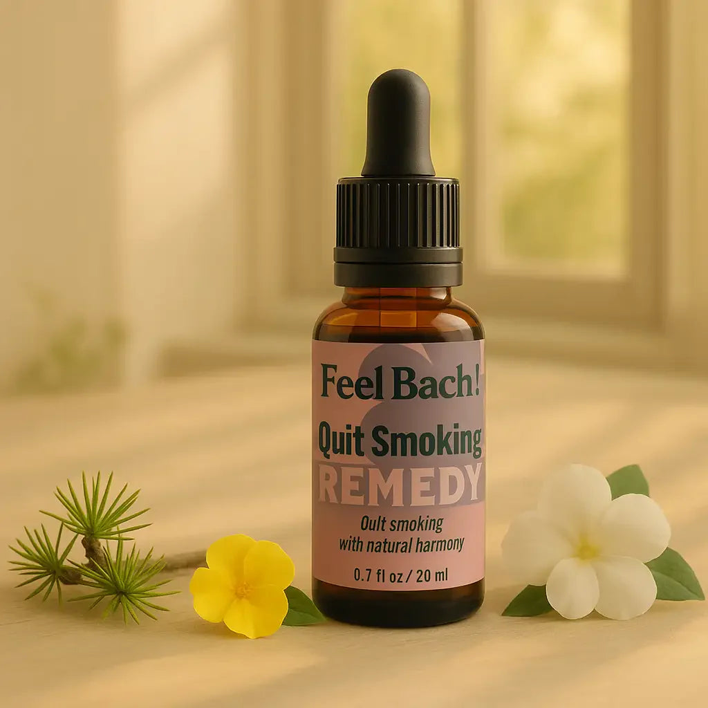 Minimalist glass dropper bottles labeled Larch, Mimulus, Impatiens at dawn with flowers and warm sunlight