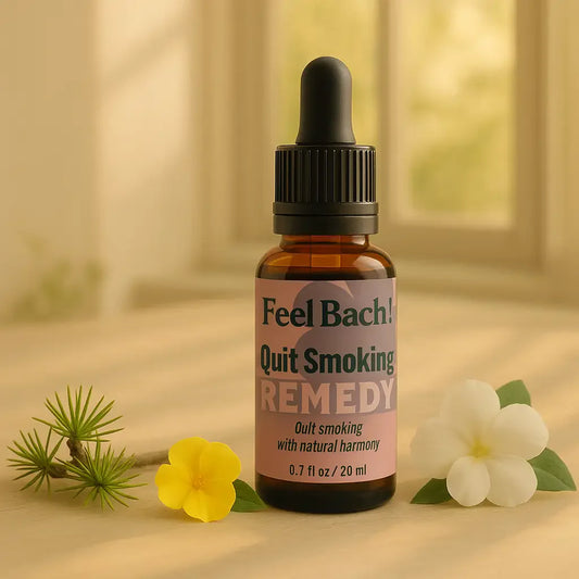 Minimalist glass dropper bottles labeled Larch, Mimulus, Impatiens at dawn with flowers and warm sunlight