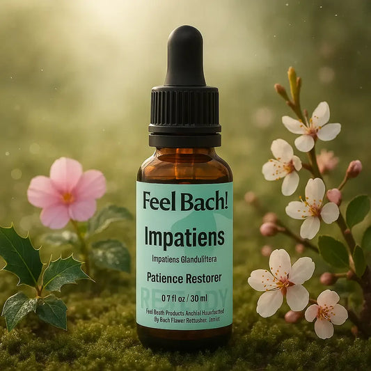 Feel Bach dropper bottle on moss with impatiens, holly, and cherry plum blossoms in serene morning light