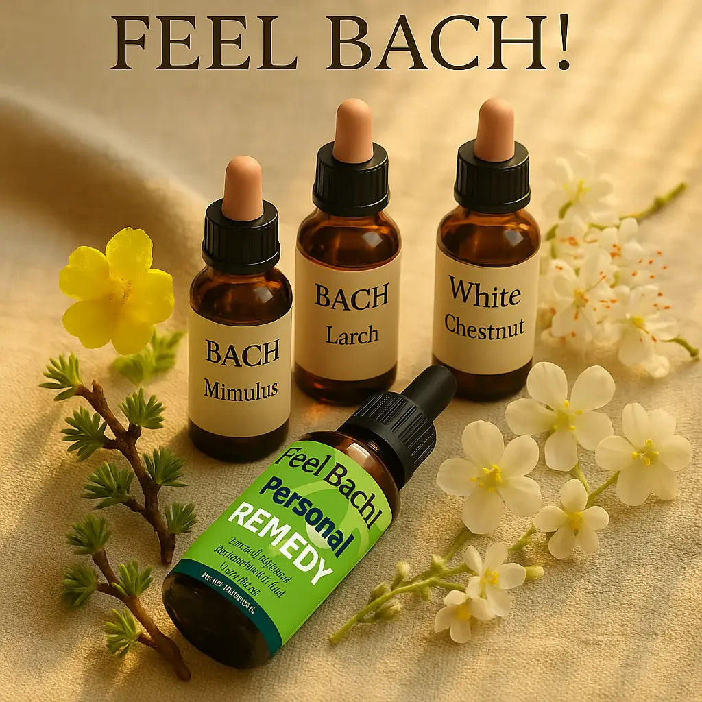 Serene still life of Bach flower essence bottles with mimulus, larch, white chestnut, and aspen blossoms in morning light