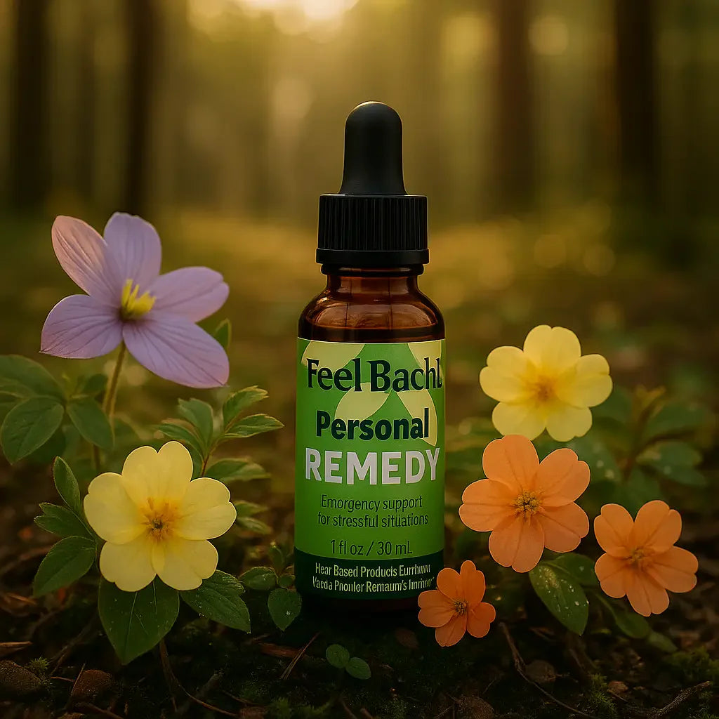 Amber dropper bottle labeled Feel Bach nestled among wildflowers in a serene, sunlit forest clearing