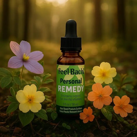 Amber dropper bottle labeled Feel Bach nestled among wildflowers in a serene, sunlit forest clearing