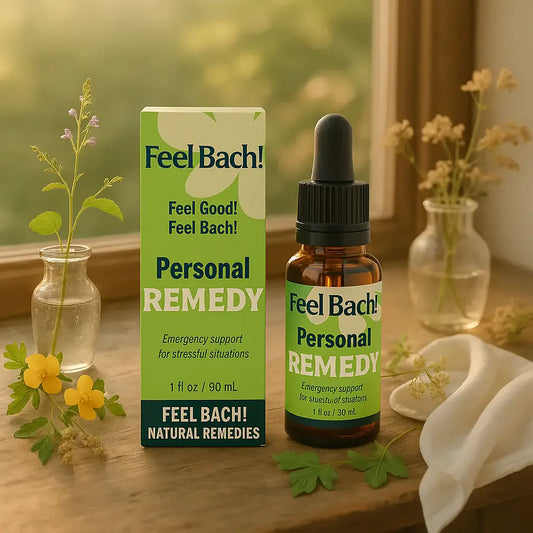 Amber dropper bottles with flower labels and wildflowers on a rustic sunlit table by an open window
