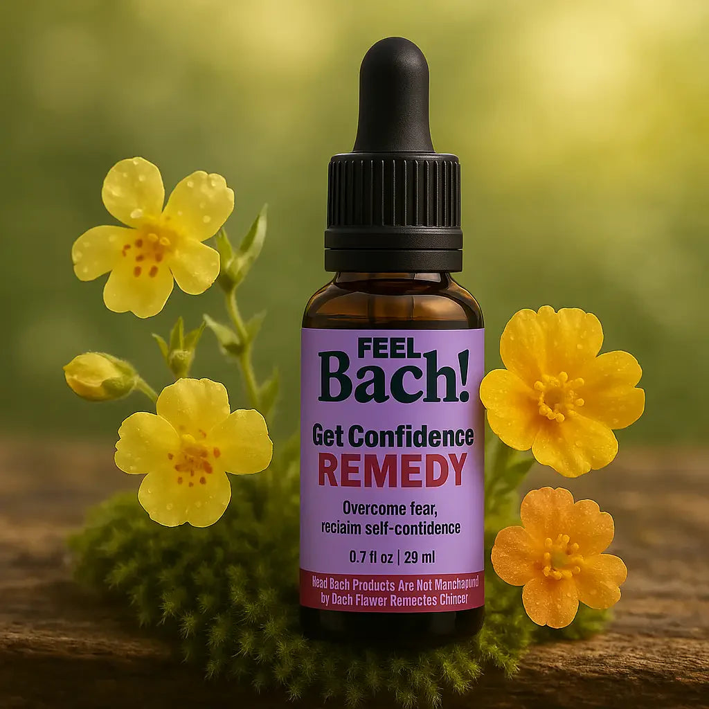 Serene close-up of Feel Bach flower remedy bottle with Mimulus and Rock Rose on moss in soft morning sunlight