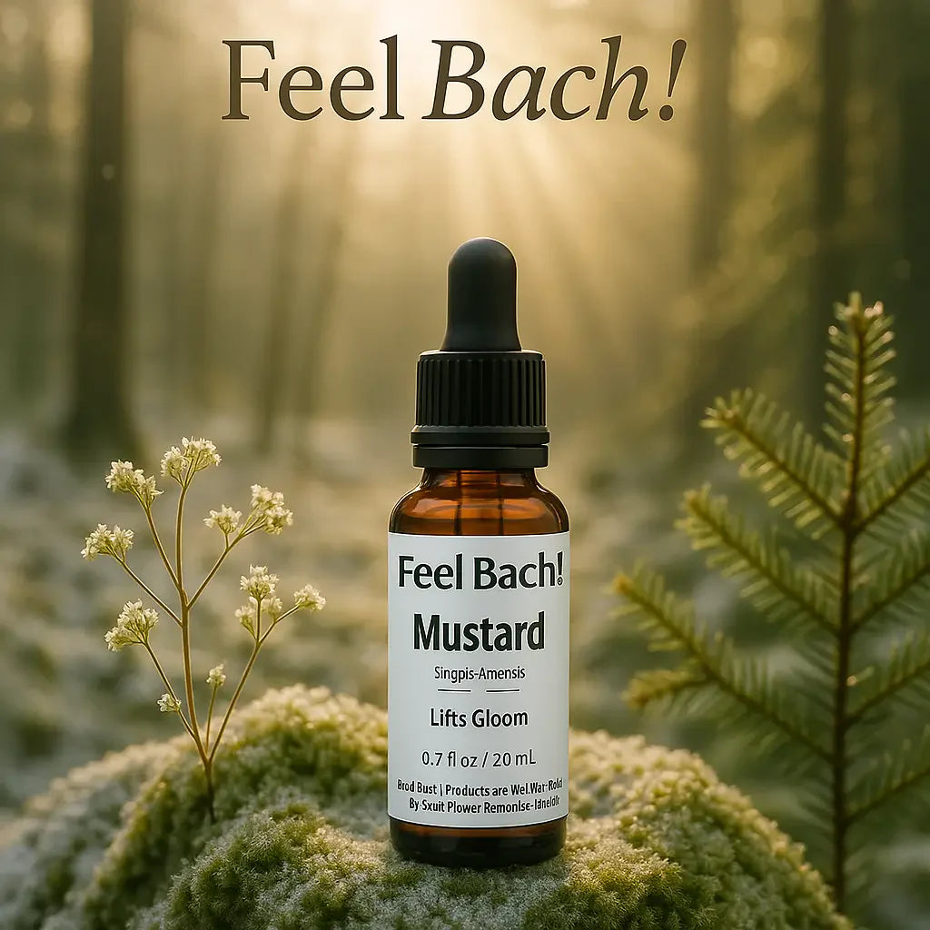 Glass Bach flower remedy bottle on mossy stone amid wildflowers, sunlit forest mist in the background