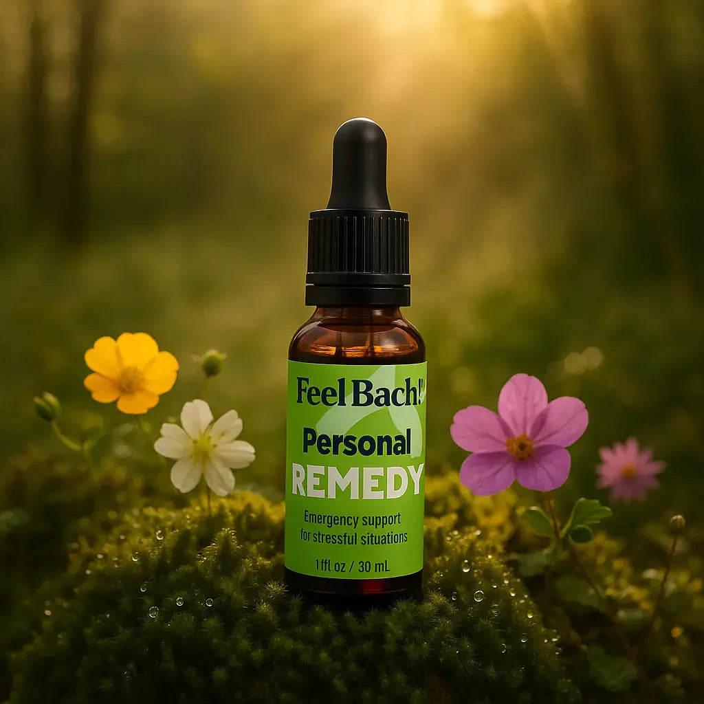 Bach flower remedy bottle on moss with wildflowers and soft golden hour sunlight in tranquil woodland setting