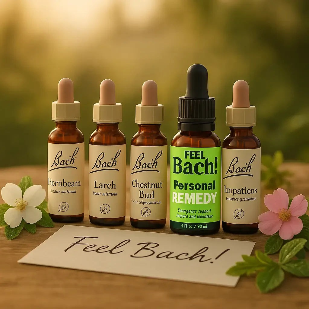 Serene sunrise tabletop with five Bach flower remedy bottles, dew-kissed blooms, greenery, and 'Feel Bach!' handwritten note