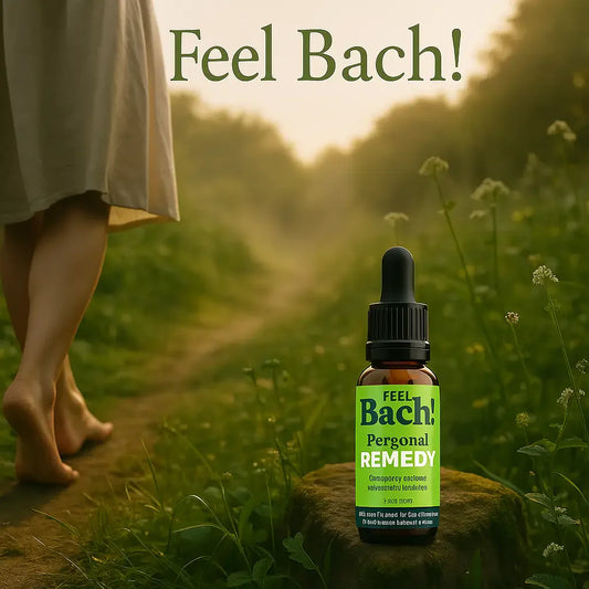 Barefoot person walking at dawn on dewy garden path with Feel Bach dropper bottle on mossy stone