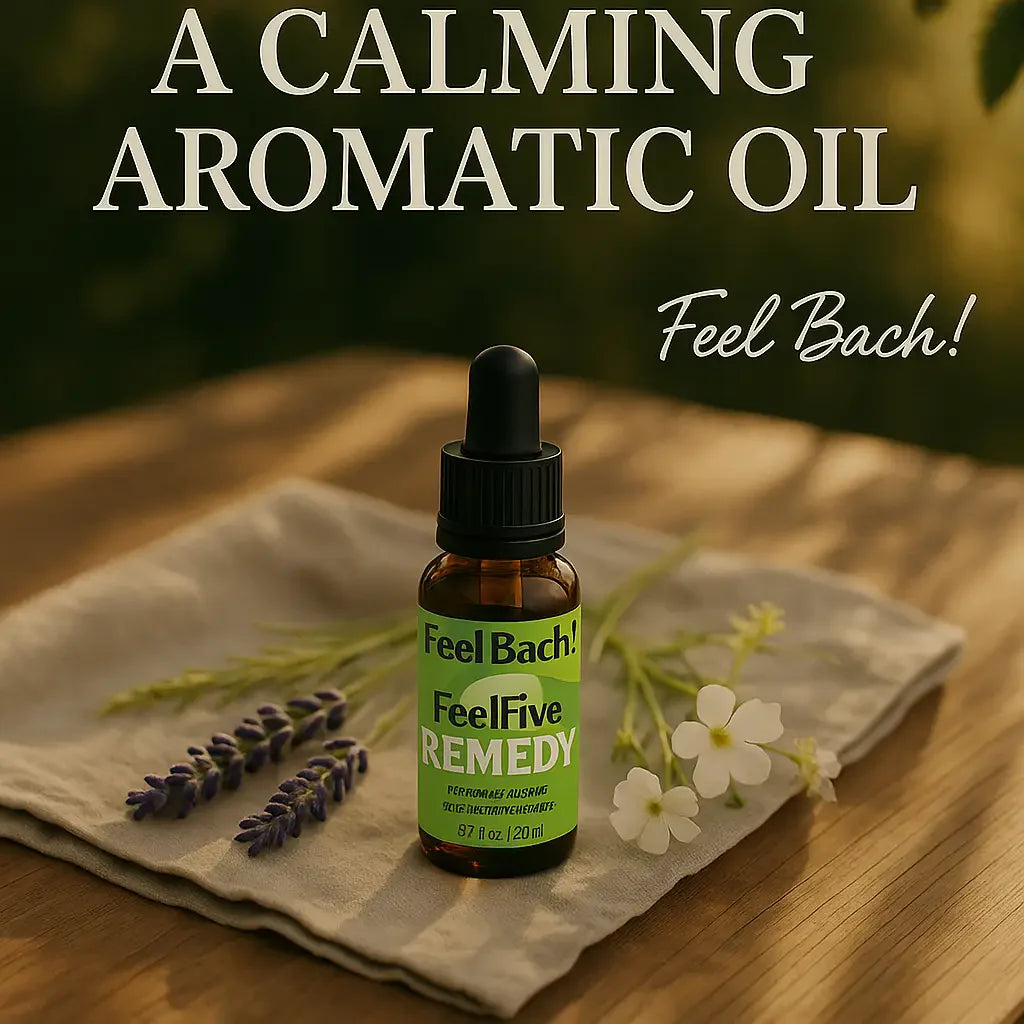 Serene golden hour scene of Feel Bach aromatic oil with lavender, wildflowers, and rustic wood table