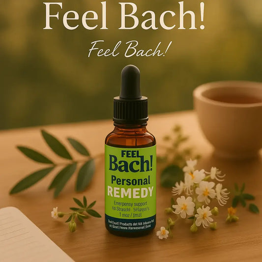 Feel Bach blend bottle on wood desk with botanicals, warm light, notepad, and tea at golden hour
