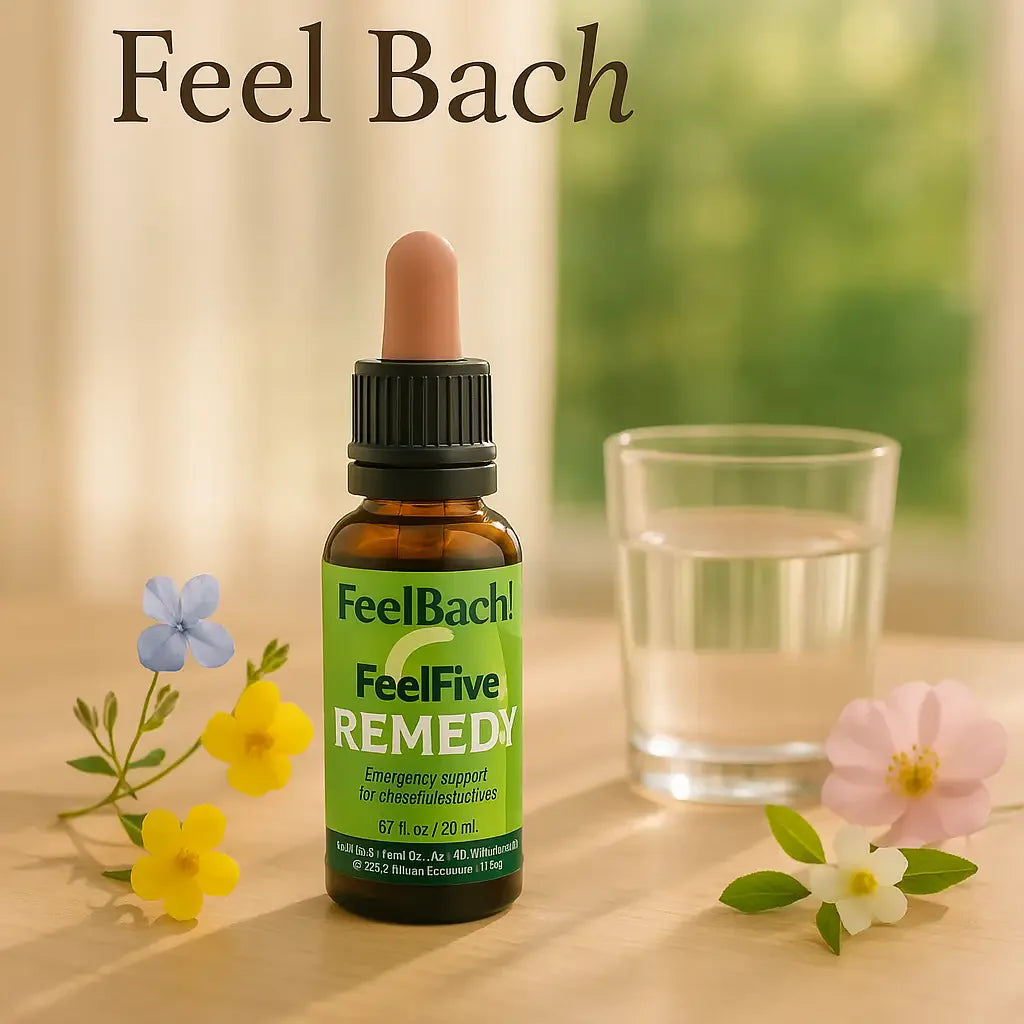 Feel Bach dropper bottle and wildflowers on sunlit wood desk with morning light and garden view