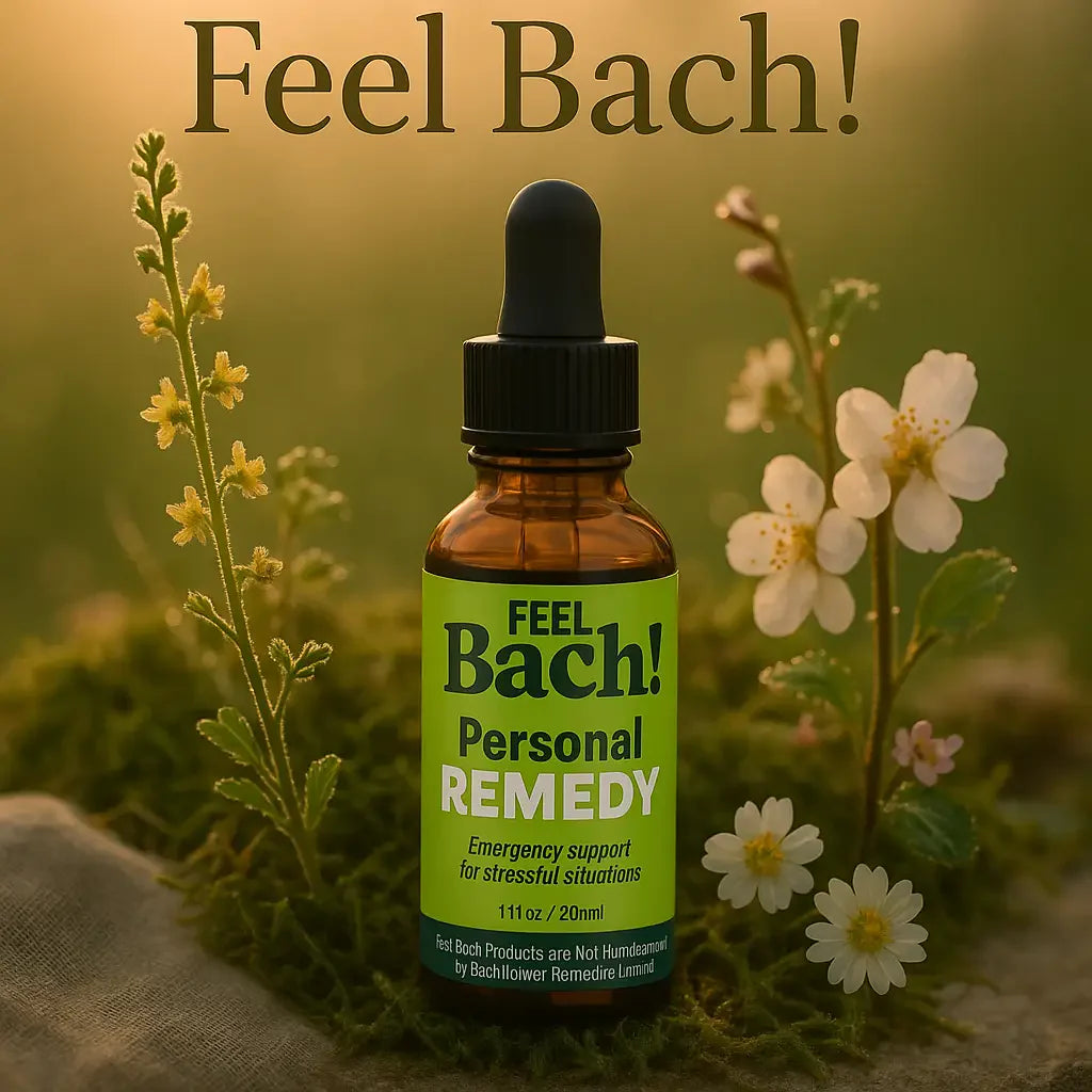 Overhead shot of Feel Bach! glass dropper bottle among dewy agrimony and cherry plum flowers on moss at dawn