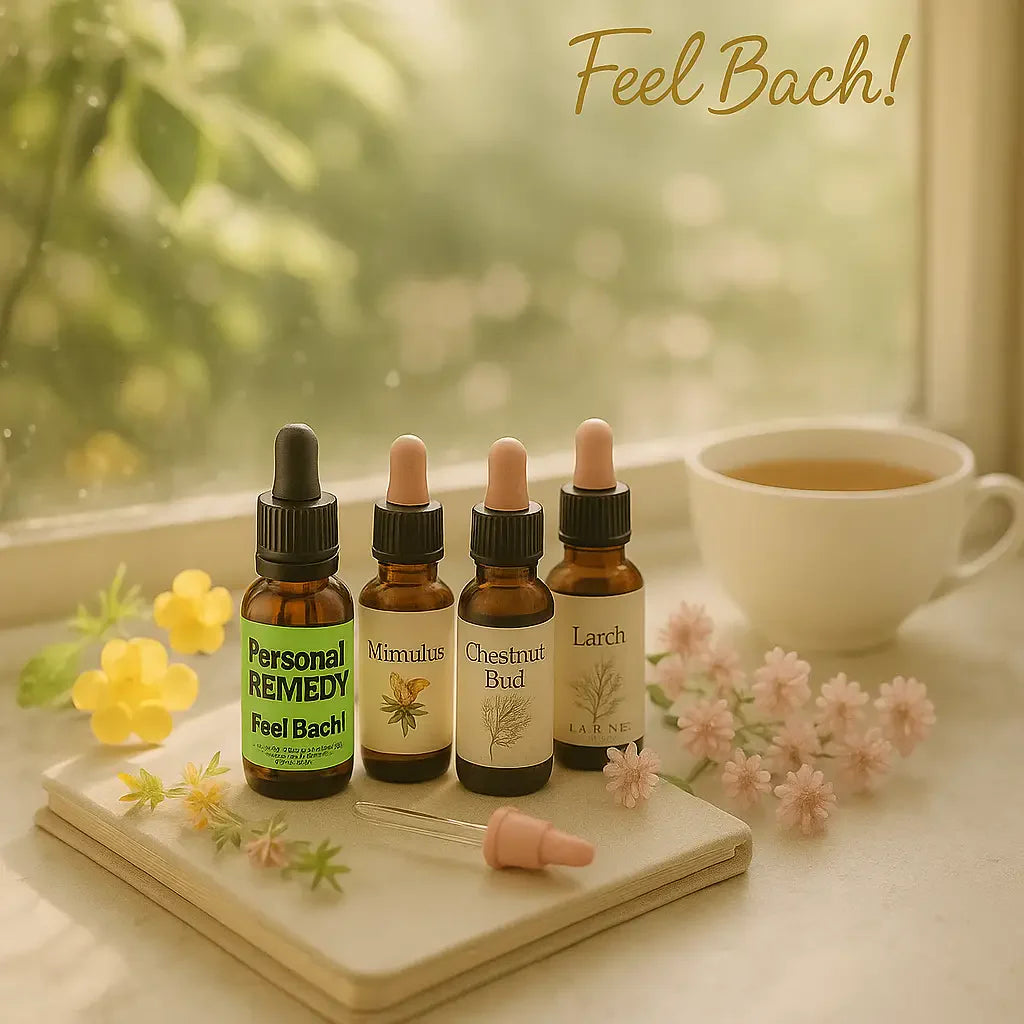 Feel Bach flower remedy bottles and wildflowers on a sunlit windowsill with tea and journal