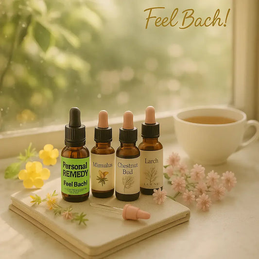 Feel Bach flower remedy bottles and wildflowers on a sunlit windowsill with tea and journal