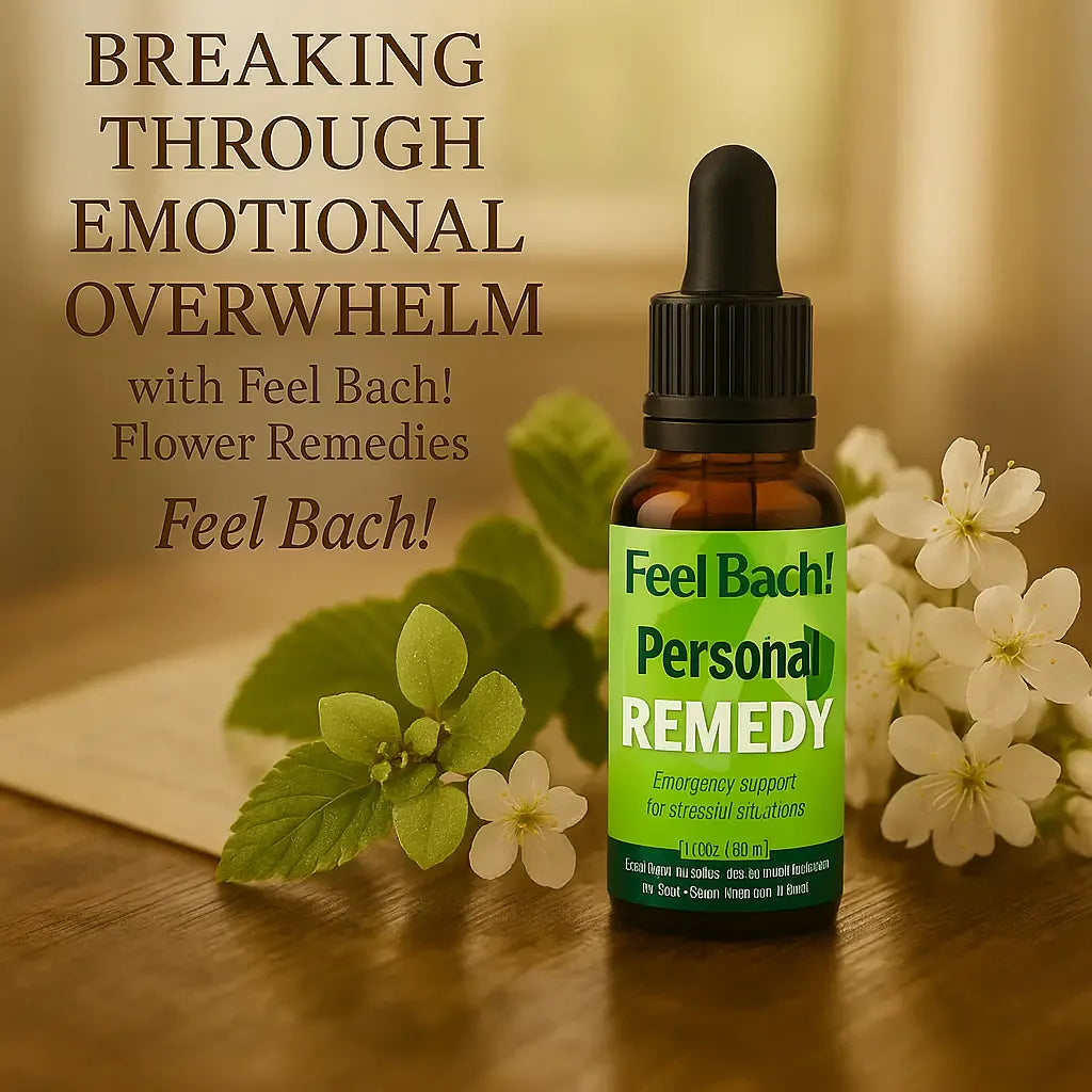 Feel Bach flower remedy bottle among elm and white chestnut blossoms on an oak table in morning light