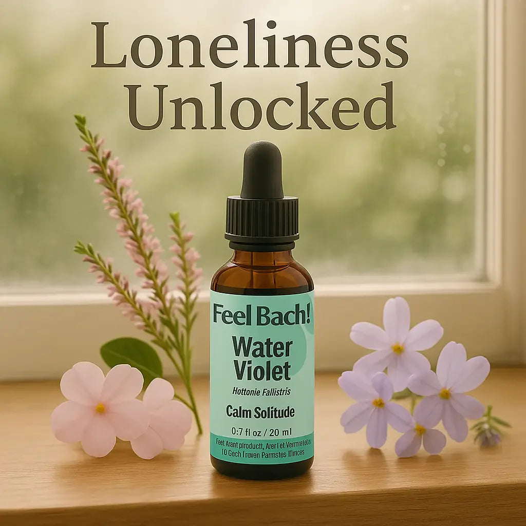 Feel Bach flower remedy bottle on wooden windowsill with heather, impatiens, and water violet in soft natural morning light