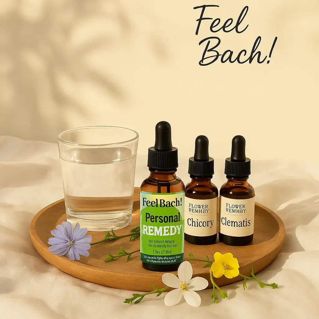 Elegant tray with Feel Bach flower remedy bottles, wildflowers, glass of water, and soft linens in warm morning light