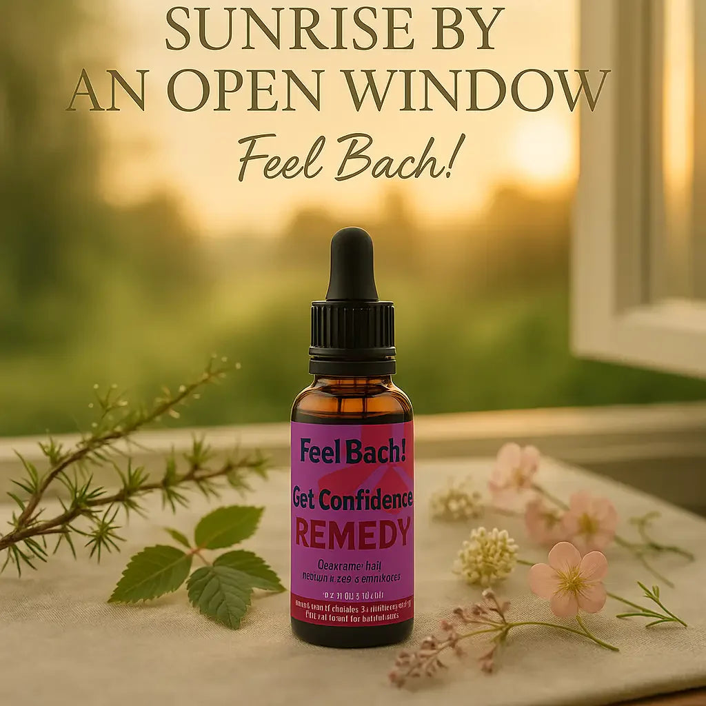 Feel Bach flower remedy bottle on linen with larch, elm, wildflowers in sunrise natural light
