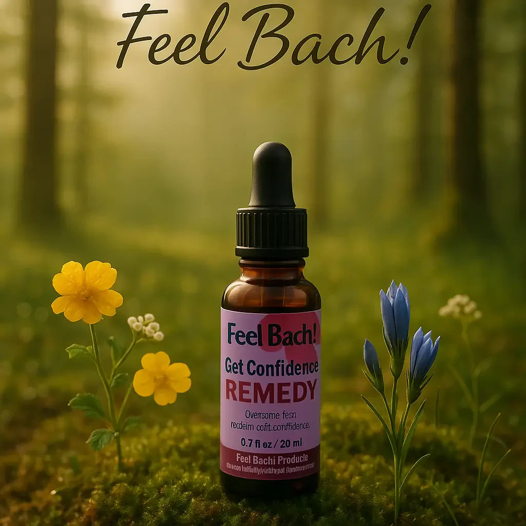 Serene woodland morning with dew-kissed wildflowers and Feel Bach flower remedy bottle among moss and blooms