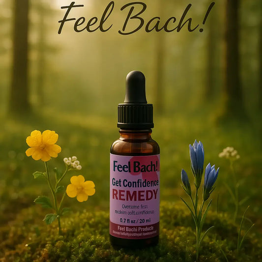 Serene woodland morning with dew-kissed wildflowers and Feel Bach flower remedy bottle among moss and blooms