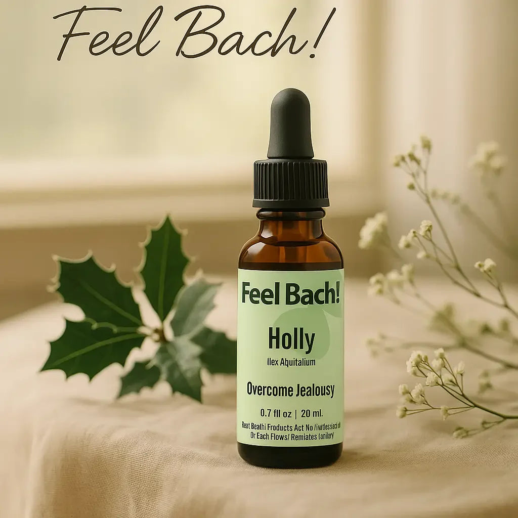 Elegant Feel Bach Holly flower remedy bottle on linen table with holly branches and morning light
