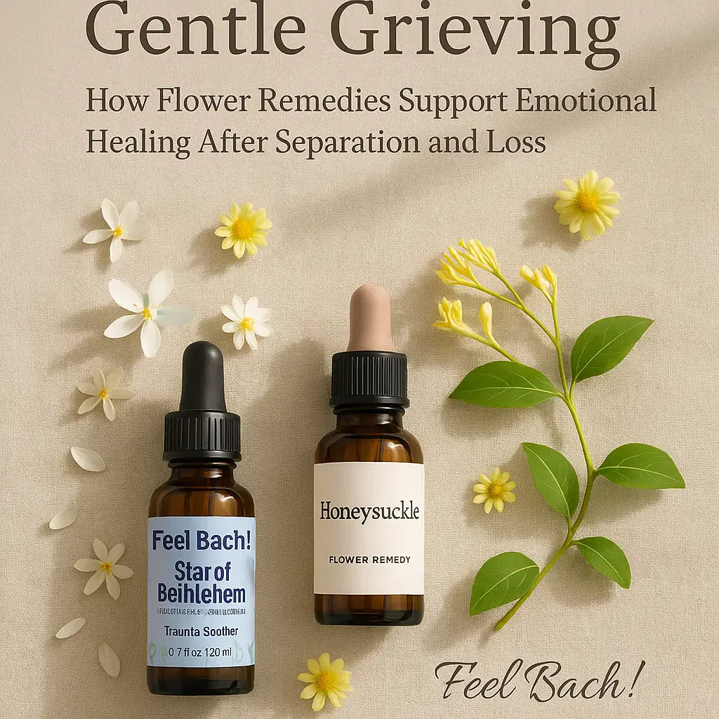 Star of Bethlehem and Honeysuckle bottles with wildflowers on linen for gentle grieving and emotional healing