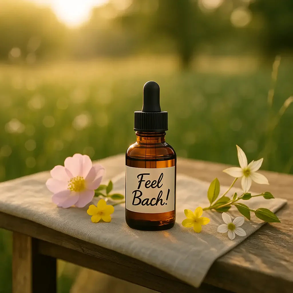 Amber dropper bottles labeled 'Feel Bach!' on a rustic table in a wildflower meadow at golden hour