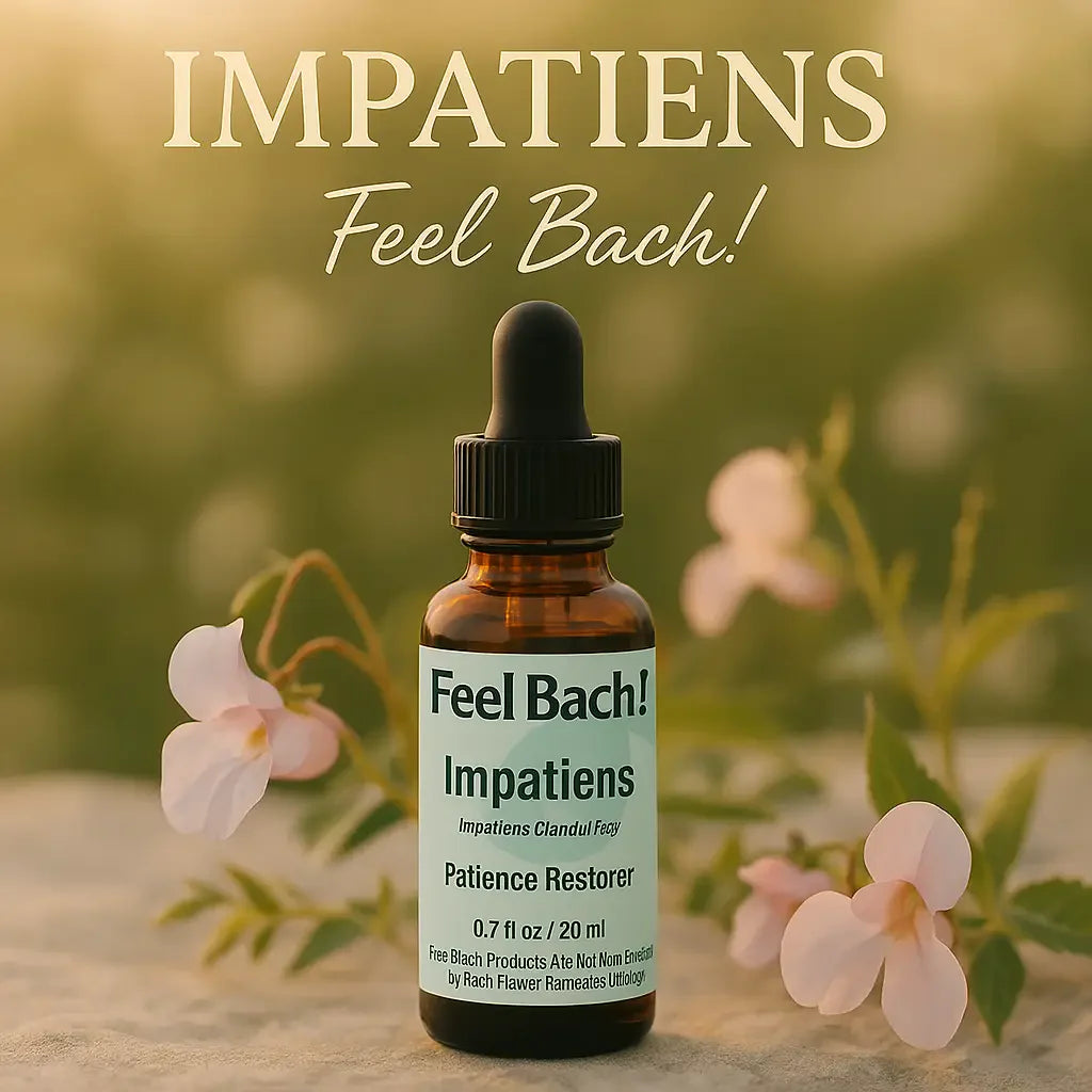 Impatiens Bach flower remedy dropper bottle with blossoms on linen in warm early morning light