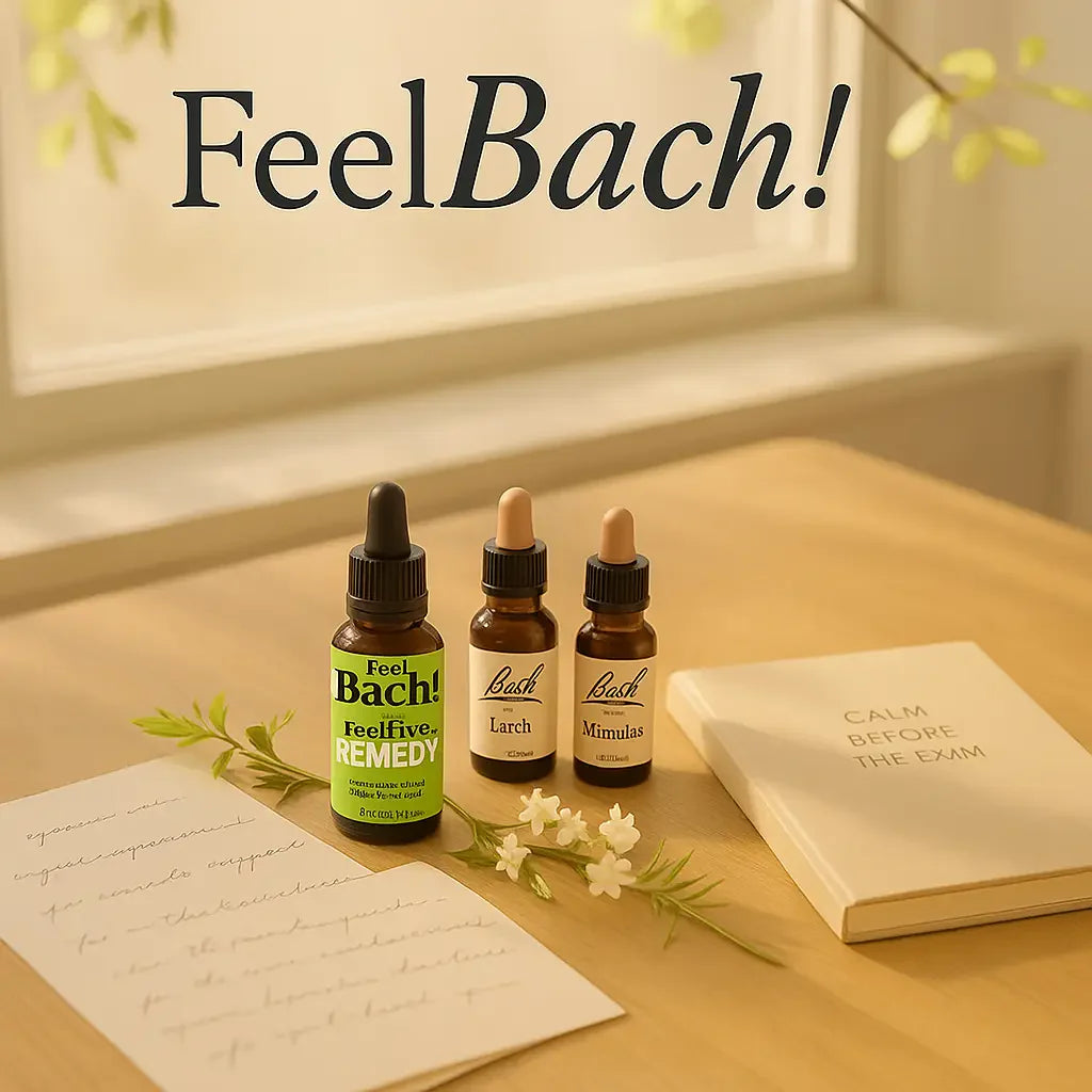 Minimalist wooden study desk with Bach flower remedies, study notes, and calming morning light by an open window