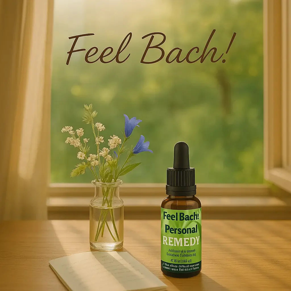 Sunlit wooden desk with wildflowers, Feel Bach! remedy, and handwritten journal by a garden window