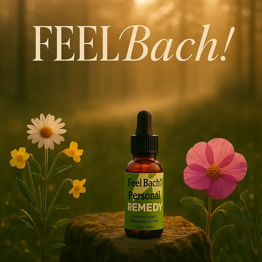 Serene forest clearing at sunrise with wildflowers, dew, and a Feel Bach flower remedy bottle on mossy stone