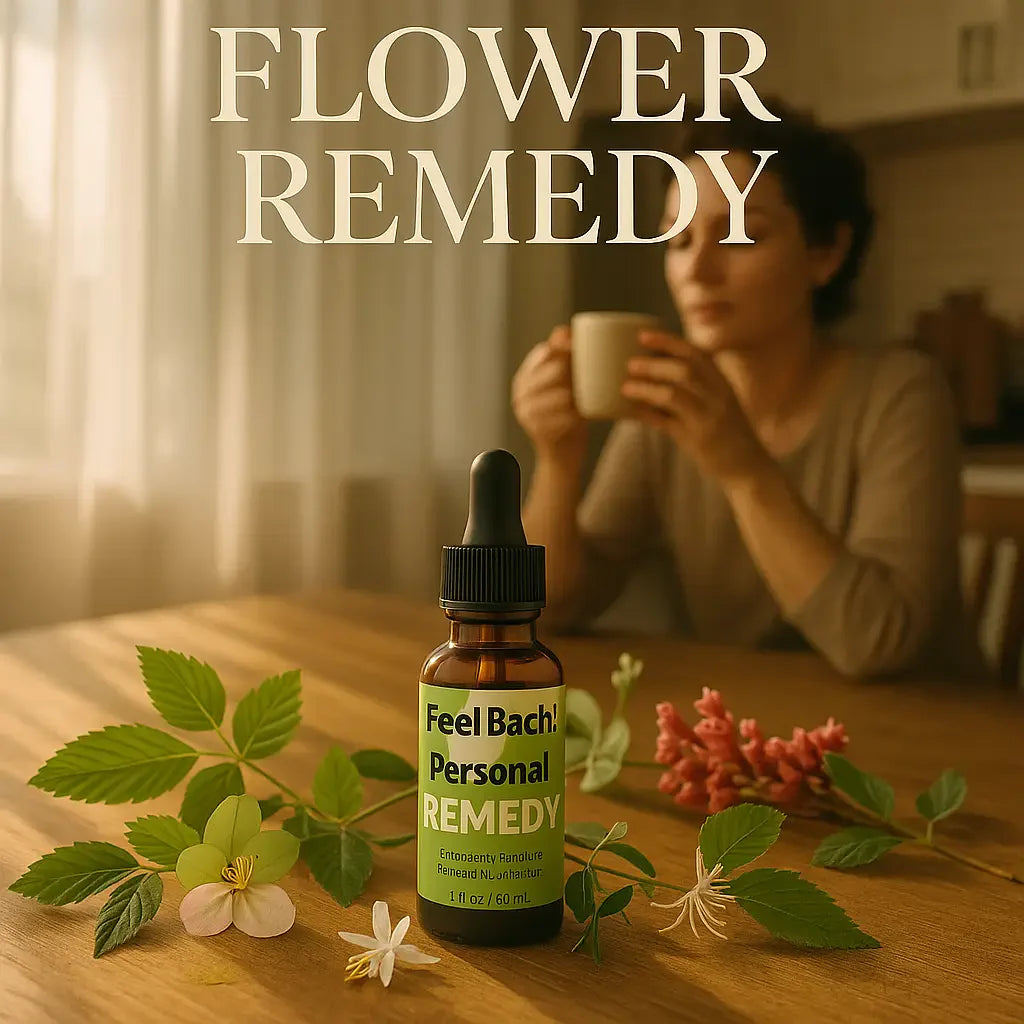 Serene morning kitchen with flower remedy, wildflowers, sunlight, and relaxed parent holding mug