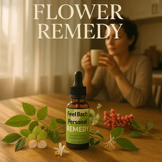 Serene morning kitchen with flower remedy, wildflowers, sunlight, and relaxed parent holding mug