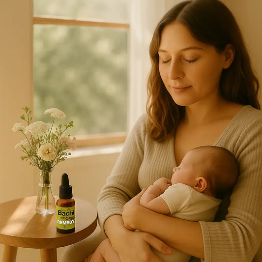 Serene new mother cradling infant near window with feel bach flower remedy and wildflowers