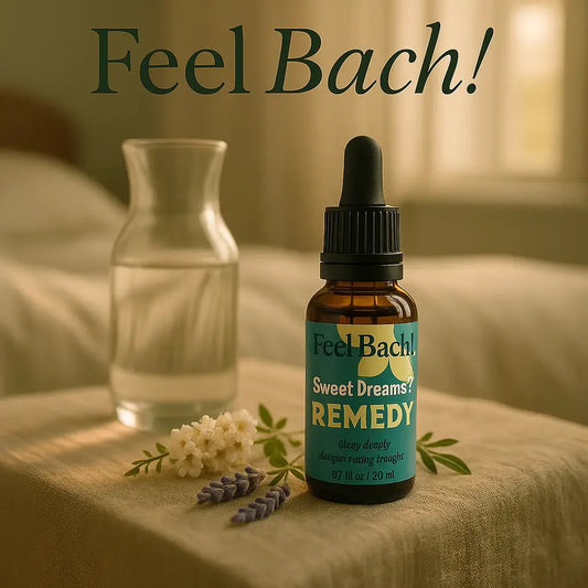 Serene dawn bedroom with Feel Bach flower remedy, wildflowers, and water carafe in gentle morning sunlight