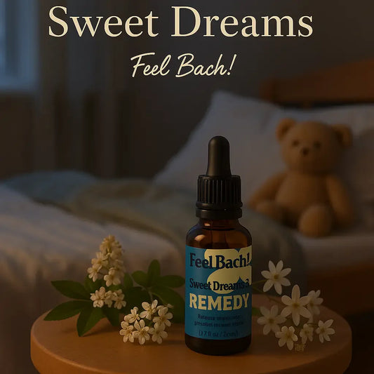 Serene children's bedroom at dusk with Feel Bach! remedy bottle, botanicals, and soft white sage-green linens